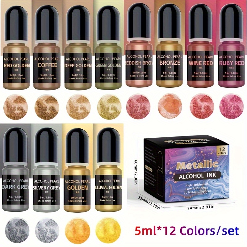 Alcohol Ink Set - 12 Set Warna Logam 3DRendering (5Ml